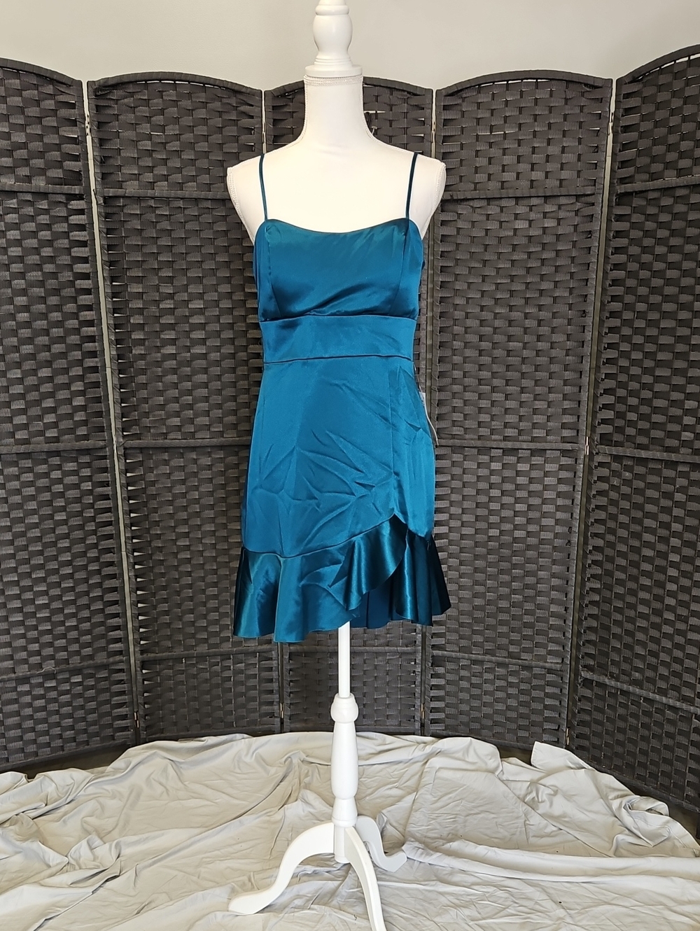 Teeze Me Teal Satin Ruffle-Hem Mini Dress